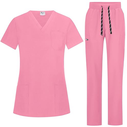B-well Bella - Set di scarpe da donna con casacca e pantaloni per medico, uniforme, con pantaloni, abbigliamento medico e professionale, con elastan, Rosa caramella, M