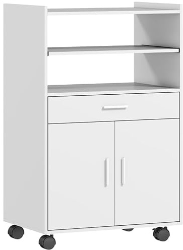 VSOGA Armario para microondas, estante de doble puerta, cajón, ruedas, color blanco