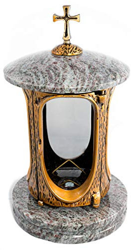 Lanterne funéraire élégante avec croix - Granit Orion clair - Hauteur : 27 cm - Diamètre : 15 cm - Lanterne funéraire - Lampe funéraire en granit bronze avec socle - Décoration funéraire