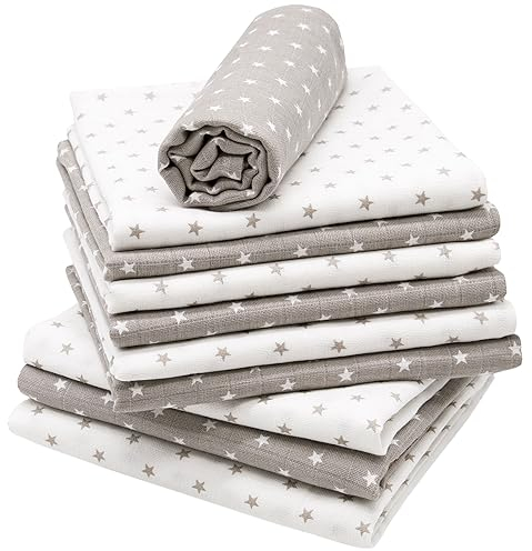 ZOLLNER 10er Set Musselin Spucktücher in 80x80 cm aus Baumwolle - hautfreundliche Mulltücher mit süßen Sternen - besonders weich und saugstark - waschbar bis 60°C - in grau weiß