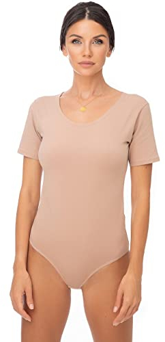 Evoni Damen Body Kurzarm, T-Shirt Bodysuit aus Baumwolle, Kurzarm-Body Elegant, Damen Unterwäsche hellbraun L