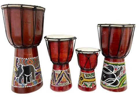 My Family House Painted Djembe - Multicoloured Wood - Hand Carved Musical Instrument - 30 cm