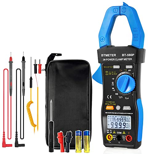 BTMETER Digital Clamp Meter TRMS 9999 Counts Inrush Multimeter Auto Rang Ammeter Voltmeter Continuity Tester Measure AC DC Volt Amp Ohm Diode Temp Power Factor Phase Angle Rotation (BT-580P)