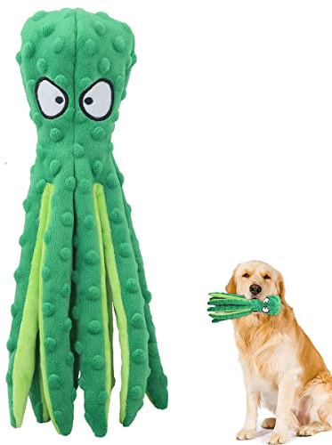SHOKAN Squeaky Dog Toys, No Stuffing Green Octopus Dog Toy with Crinkle Paper, Durable Dog Chew Toys for Puppy Small and Medium Dogs, Plush Interactive Dog Toys for Teeth Clean
