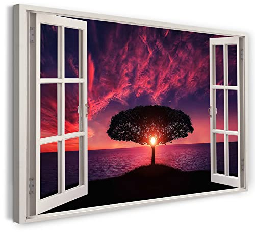 Print on Canvas (60x40 cm) view from the window - tree sunset nature red evening - nature photography, real wood frame with hook