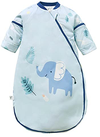 Chilsuessy Baby Winter Schlafsack mit abnehmbaren ärmeln 3.5 Tog Warm Schlafsack Langarm Kinderschlafsack Babyschlafsack aus ganz soft natürlich Baumwolle, Elefant/3.5 Tog, XL/Babyhöhe 90-100cm