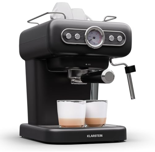 Klarstein Espresso Portafilter Machine with Milk Frother, 1.2 L Retro Mini Espresso Machine with Portafilter, 950 Watt Coffee Machine Small, Stainless Steel Coffee Machine for Cappuccino, & Latte