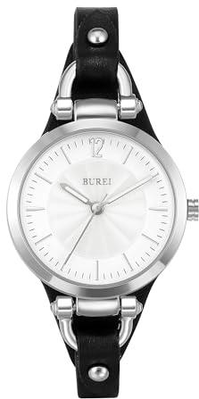 BUREI Uhr Demen Elegante Lederarmband Armbanduhr Damen Klassisch Analog Quarz Damenuhr Frauen(Silber Schwarz)