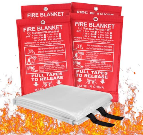 Flintronic 1m x 1m Löschdecke Küche Feuerlöschdecke, 4 Stück löschdecke für küche, Glasfaser Brandschutzdecke DIN EN 1869:2019, Retardant Decken für Fettbrände Auto Schule Kamin Büro Schweißen