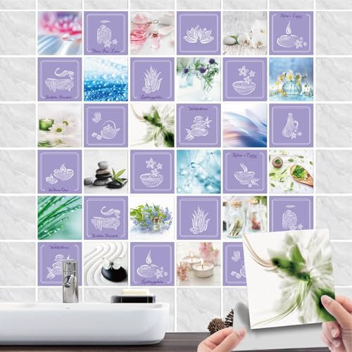 36 Pcs Sticker Carrelage Autocollant -avec pierres de bien-être,gouttes de spa, Décorative - Étanche à Carreaux de Autocollants Carrelage Mural Céramique Salle de Bains et Cuisine Stickers 15cm(6)