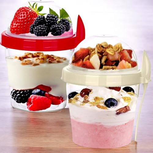 Pro Home Yogurt Cup With Spoon 500ml Set Of 2 Yoghurt Pots With Lids and Spoon Cereal Container To Go Snack Museli Cup Reusable Dishwasher Safe Overnight Oatmeal Jars (2-Set-Red & Cream)