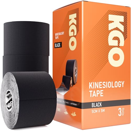 KGO Kinesiology Tape, Sports Elastic Tape for Muscle and Joint Support, Kinesio Tape, K Tape, Physio Tape, 5cm x 5m (Black, 5cm x 5m (Box of 3))