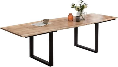 SAM Baumkantentisch 120 (200) x 90 cm Adina, Akazienholz naturfarben & massiv, Esszimmertisch mit 2 Ansteckplatten, Schwarzes U-Metallgestell