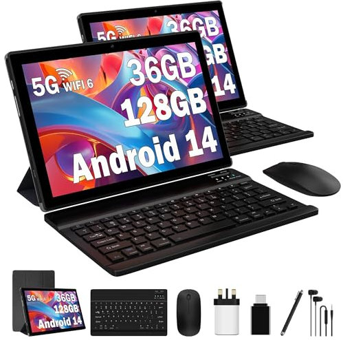 FLYCOAY Tablet 10 Inch Android 15, 5G WIFI 6, 36GB RAM+128GB ROM (TF 1TB), Widevine L1, 8000mAh, Dual Camera, BT5.0,Type C, Tablet with Keyboard, Mouse, Case, Pen-Black