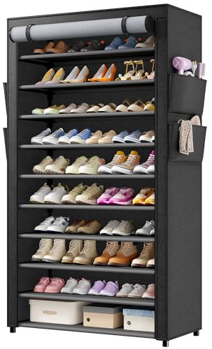 Rangement Chaussure 11 Niveaux, Etagere Chaussure avec Housse Anti-poussière Visible, Étagère à Chaussures Capacité 40-50 Paires, Armoire Chaussure Stable, Idéal pour Entrée, Salon, Chambre, Noir