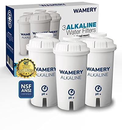 Wamery Alkaline Pitcher Water Filter Replacement for Brita Pitchers - 3 Pack, Improves pH & Taste, 42‑Gallon Each, Coconut Activated Carbon, Leak‑Free Fit, Easy Install