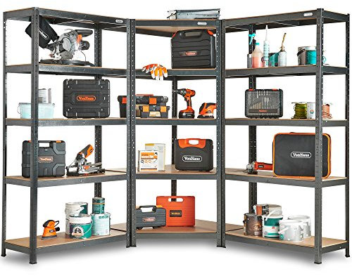 VonHaus 5-Tier Garage Shelving for Corner Storage - Lightweight Workshop Shelving, Pack of Three - Free Standing Garage Racking Units, 1.8m Tall - 175KG Weight Capacity Per Shelf
