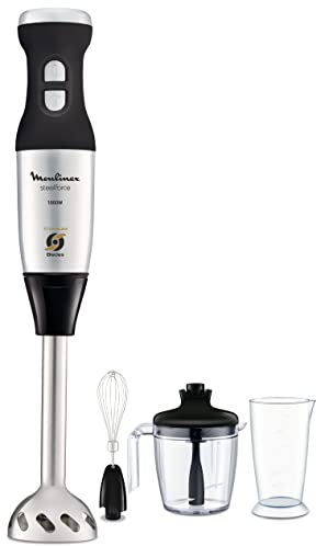Moulinex Batidora Steelforce DD883D - Batidora de varilla de 1000 W, cuchillas revestidas de titanio, 20 velocidades, función turbo, vaso dosificador y picadora, accesorio para montar y batir, negro