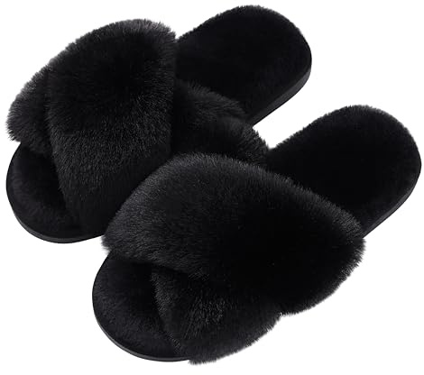 Evshine Women's Fuzzy Slippers Cross Band Memory Foam House Slippers Open Toe, Black, 38-39 (Size 7-8)