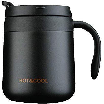 Gteller Kaffeebecher aus Edelstahl, doppelwandig, isoliert, mit Deckel und Griff, hält Getränke heiß und kalt (schwarz,12oz)