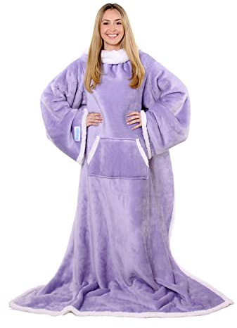 Snuggie Sherpa - La nueva y mejorada manta portátil que tiene mangas, cálida, acogedora, súper suave, manta funcional con mangas y bolsillos para adultos, mujeres, hombres - lila