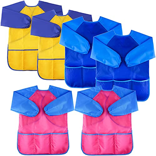 URSKYTOUS 6Pcs Kids Art Smocks, Toddler Smocks, Waterproof Smock for Kids Painting, Colorful Children Aprons, Artist Painting Smock, Long Sleeves With 3 Roomy Pockets, Age 3-7 Years
