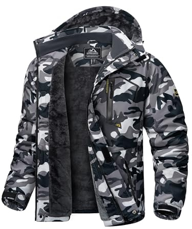 KEFITEVD Veste de Ski Imperméable Chaude pour Hommes Vestes Polaires pour Sports d'Hiver Manteau avec Capuche Amovible, Camouflage noir, 3XL