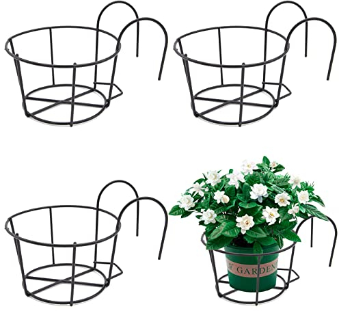 3 Piezas Soporte Maceta Colgante de Barandilla, Soporte Flores Redondo Gancho Estante Hierro Plantas Colgantes, Cestas Colgantes para Macetas, Adecuado para Balcón, Jardín, Valla, Interior Y Exterior