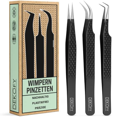 DEKOFY® Profi Wimpern Pinzette [3 Stück] - Spitz & Präzise - Hochwertiges Wimpern Pinzetten Set zur Wimpernverlängerung - Schwarz