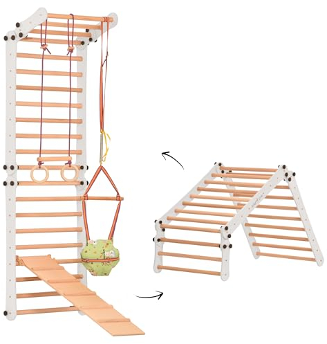 Kletterwand für Kinder 2 in 1 - einem Springer, einem Netz, Turnringen, Einer schwedischen Leiter, Einer Rutsche -Rinagym Indoor Klettergerüst-kidwood 3P9P9P+Slide-White
