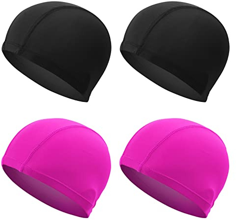NITAIUN 4 Pièces Bonnets de Bain Élastiques Tissu Polyester Souple Bonnet de Natation pour Mixte Adulte Enfant Taille Unique Noir et Rose, Leger et Confortable Facile à Enfiler (4 pièces)