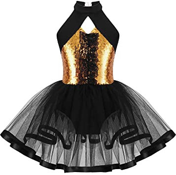 Mufeng Kids Girls Gold Sequin Dance Dress Sleeveless Halter Neck Ballet Tutu Skirts Leotard Dress Ballerina Outfit Old Gold 13-14 Years
