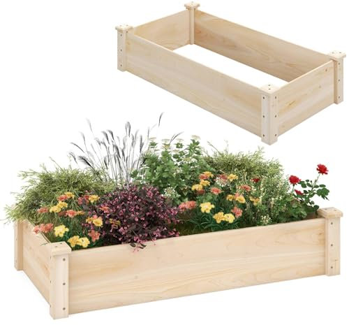 TANGZON Raised Garden Bed with Open-ended Base, Wood Planter Box Kit for Vegetables Flowers Herbs Fruits, Elevated Square Planting Bed for Backyard Patio (Natrual, Rectangular, 120 x 60 x 25 cm)
