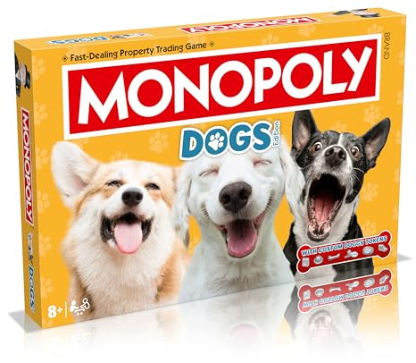 Winning Moves Dogs Monopoly Brettspiel, englische Ausgabe, spielen Sie mit Ihren Lieblings-Hunden aus Pomeranian, Sibirian Husky und Shiba Inu, lustiges Familien-Brettspiel für Kinder ab 8 Jahren