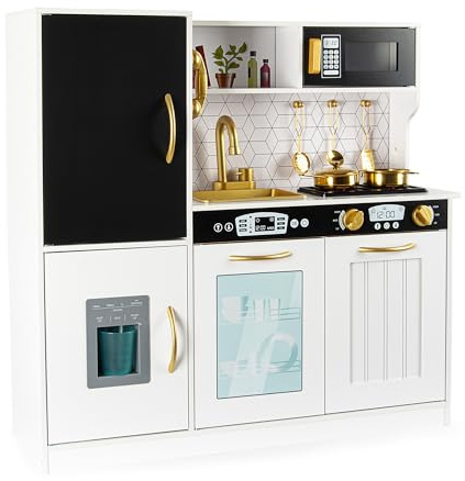 Leomark Kinderküche aus Holz MEMO White Spielküche mit goldenen Accessoires Holzküche für Kinder Spielzeugküche mit Zubehör Küchenset Höhe 80,6 cm Geschenk für Mädchen Jungen