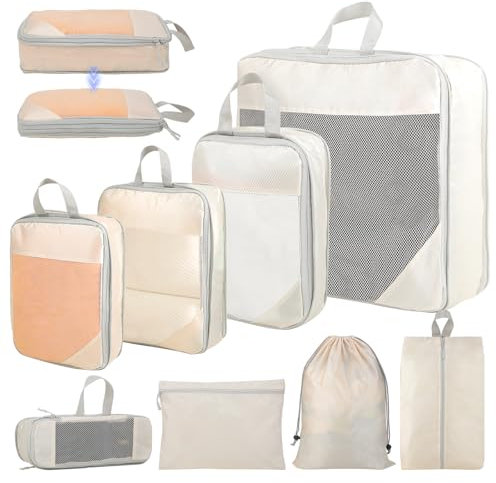 Organizador Maleta, 8 Piezas Set de Cubos Compresión para Maleta de Mano, Packing Cubes Compression, Organizador de viaje compacto y polivalente para escapadas familiares y viajes de negocios (Beige)