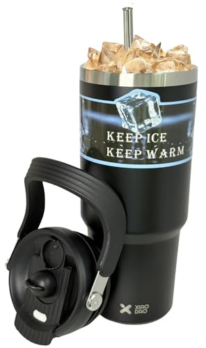 Liemuao Isolerad mugg, resekaffekoppar med sugrör och handtag, kopp i rostfritt stål, 100 % isolerad kopp, läckagesäker bilmugg för varmt och kallt kaffe, mjölk och te (svart, 900 ml)