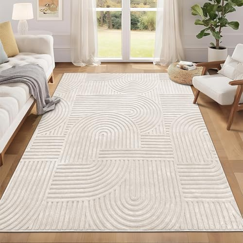 Pauwer 5x7 Washable Area Rugs for Living Room Modern Beige Solid Color Soft Fluffy Rugs for Bedroom Non Slip Boho Accent Indoor Mat Floor Carpet Cover for Kids Room Dining Room Kitchen Office