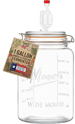 kitchentoolz 1-Gallon Mason Glass Fermenting Jar with Airlock Lid – Wide Mouth with Ounce & Milliliter Markings for Mead, Kombucha, Beer, Wine & Pickling