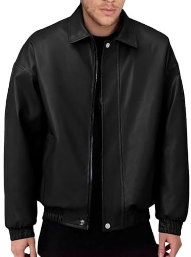 Chaquetas de piel sintética para hombre, chaqueta de solapa con cremallera completa y bolsillos, puños elásticos, cuello alto, manga larga, abrigos con cremallera 2025, Chaqueta de cuero negra para