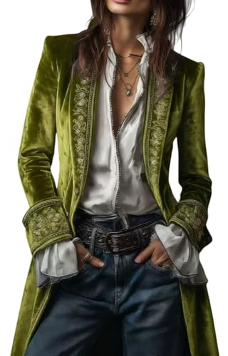 Generisch Blazer in Velluto per Donna, Mantello da Pirata Vintage con Ricamo, Mantello Lungo Vittoriano in Tinta Unita, Top Gotico Rinascimentale, verde, XL