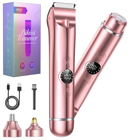 4-in-1 Bikini Trimmer for Women, IPX7 Waterproof Painless Electric Razors for Women, Cordless Lady Pubic Hair Trimmer & Body Shaver with Ceramic Blades for Sensitive Skin, Wet & Dry Use, Pink