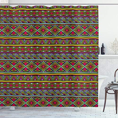 Ambesonne African Shower Curtain, Colorful Diamond Motifs with Angled Lines Lively Palette Geometric Borders, Cloth Fabric Bathroom Decor Set with Hooks, 69 W x 70 L, Multicolor