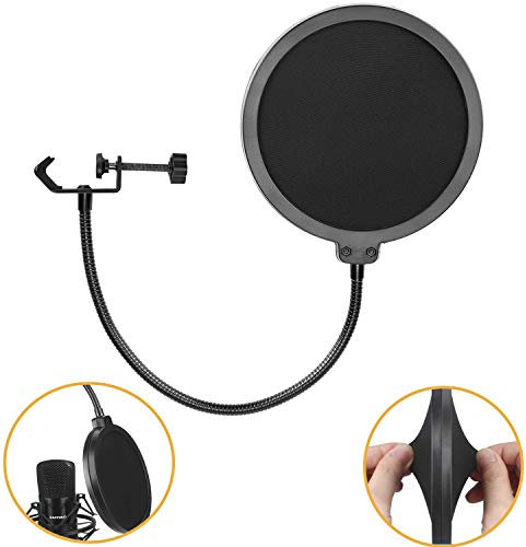 Bouclier de masque de filtre anti-pop pour microphone, écran anti-vent à double couche Hamosky avec bras de stabilisation flexible à clip à col de cygne à 360 °