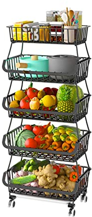 CarolynDesign Cestini portaoggetti in filo di ferro nero con ruote e piedi, impilabili a 5 piani