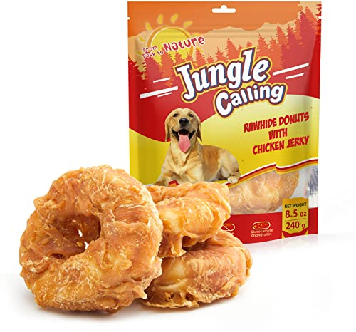 Jungle Calling Dog Treats Long Lasting, Rawhide Chews for Dogs, Chicken Wrapped Rawhide Donuts, Chewy Snacks for Medium Large Dogs