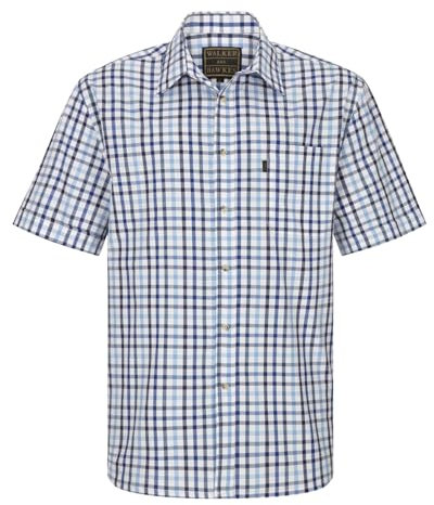 WALKER AND HAWKES - Men's Checkered Blue and Red 100% Cotton Short Sleeve Canterbury Country Shirt with Pocket Classic-Fit - Blue - X-Large (44'')