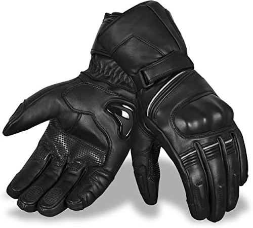 Hand Fellow Echtes Leder Winter Motorradhandschuhe wasserdichte Winter Motorbike Gloves Winddicht Touchscreen Warme Handschuhe Hard Knuckle (Black Leather Cruising Gloves, L)