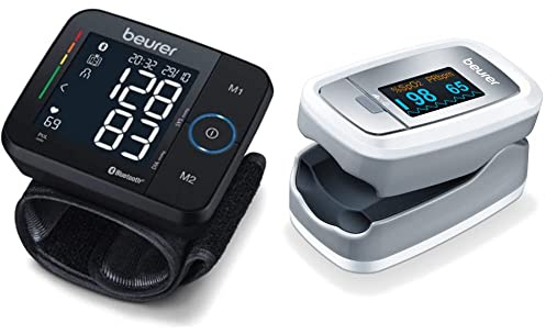 Beurer BC 54 Tensiómetro de muñeca con conexión a app, tecnología de inflado + PO 30 Pulsioxímetro, medición saturación de oxígeno y frecuencia cardíaca, pantalla a color de fácil lectura