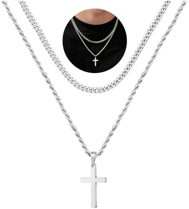 Yooblue Cross Necklace for Men - Stainless Steel Cross Chain Necklace for Men, Mens Jewelry Cross Mens Pendants Necklace, Layered Silver Chain for Men